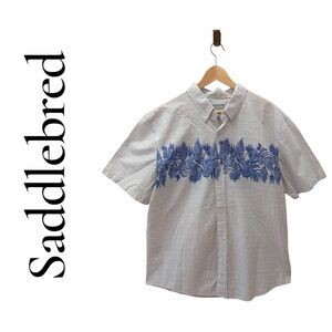 Saddlebred Men XL Hawaiian Button Up Shirt Classic Fit Palm Leaves Heather Blue